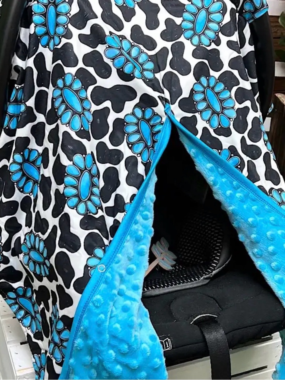 Boho Aztec Cow print Baby Car seat Cover in Blue and Black